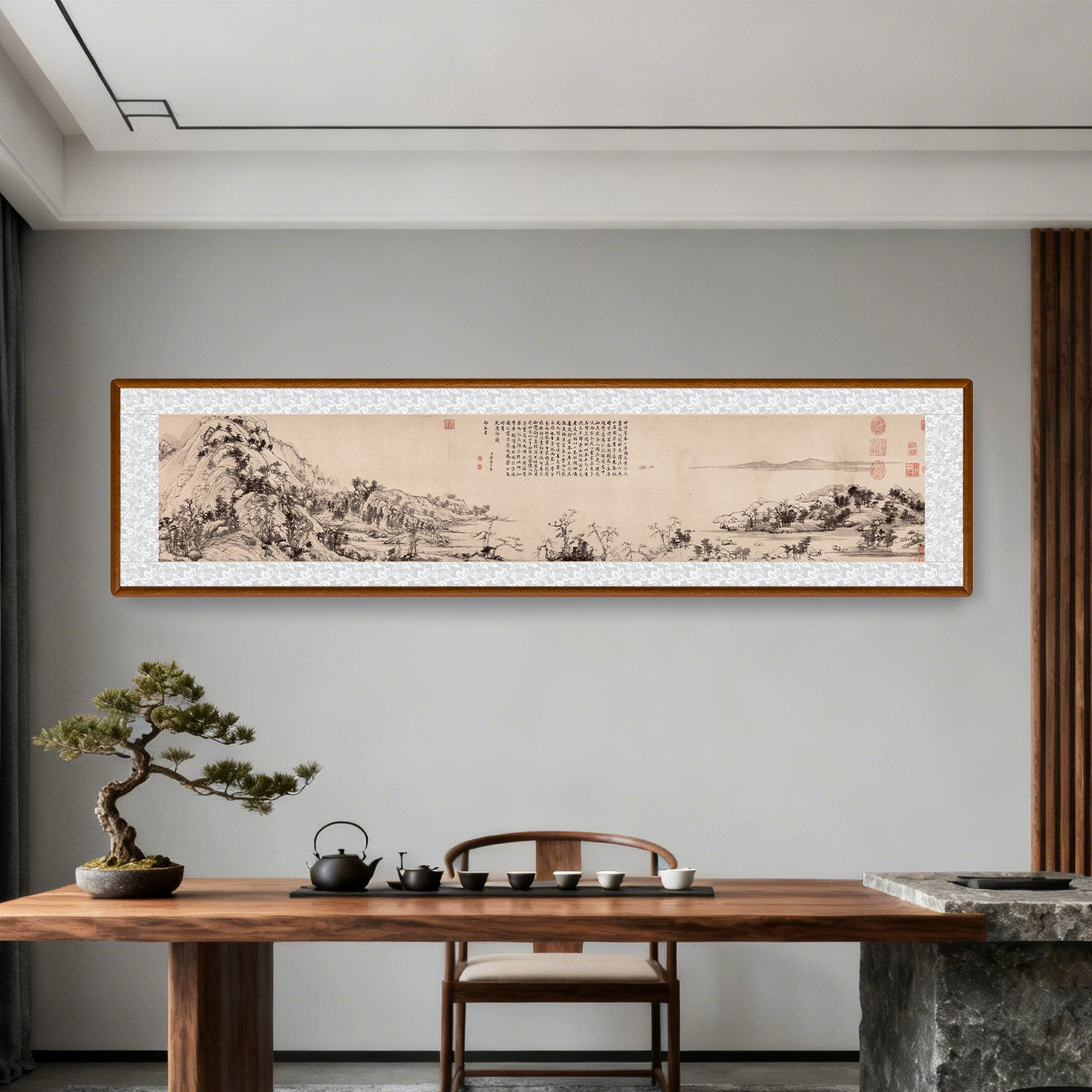 山水画挂画富春山居国画办公室背有靠山湖山春暖图客厅茶室装饰画