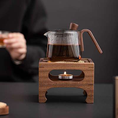 胡桃木四方温茶器套组玻璃侧把茶壶家用暖茶煮茶加热底座功夫茶道