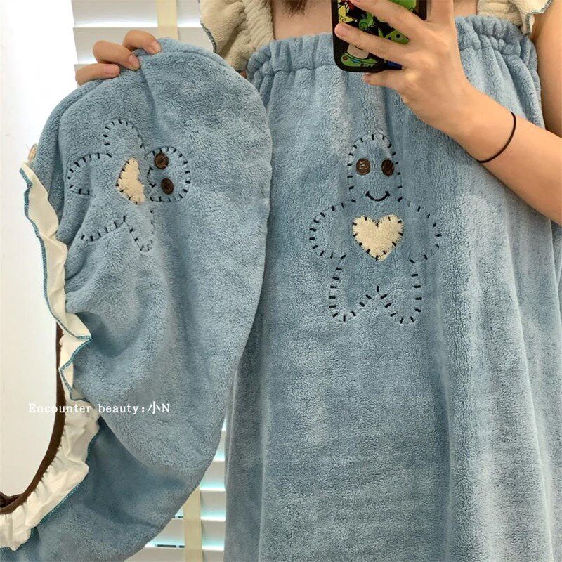 浴裙女吸水速干不掉毛超大加厚款洗头浴帽珊瑚绒干发帽家用二件套