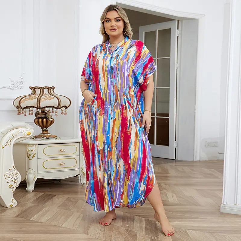 新款欧美风人棉衬衣式度假宽松长裙大码防晒衣女沙滩外套比基罩衫