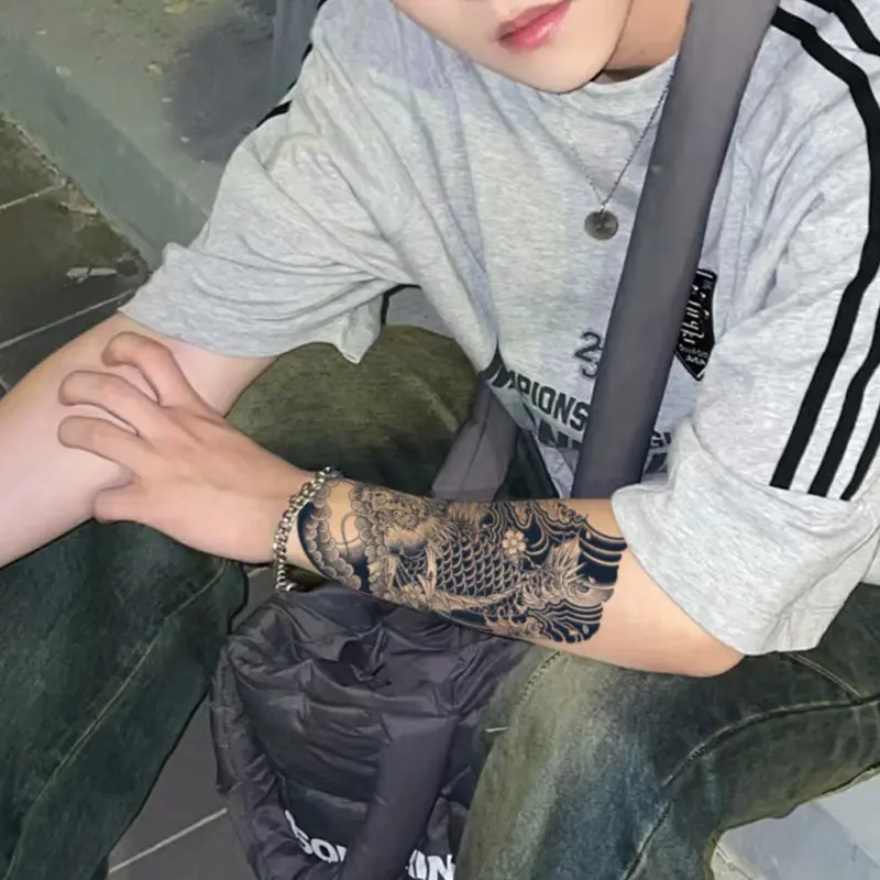 水墨风龙草本纹身贴男防水女持久锁骨手臂满背图案高级感仿真刺青