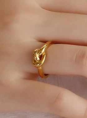 欧美甜美指环女日系18k镀金打结同心结女士钛钢戒指饰品