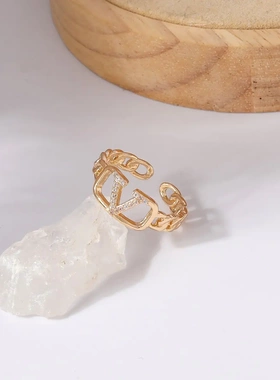 新款2023年潮流小众指环镶锆石轻奢英文设计开口调节指环百搭手饰