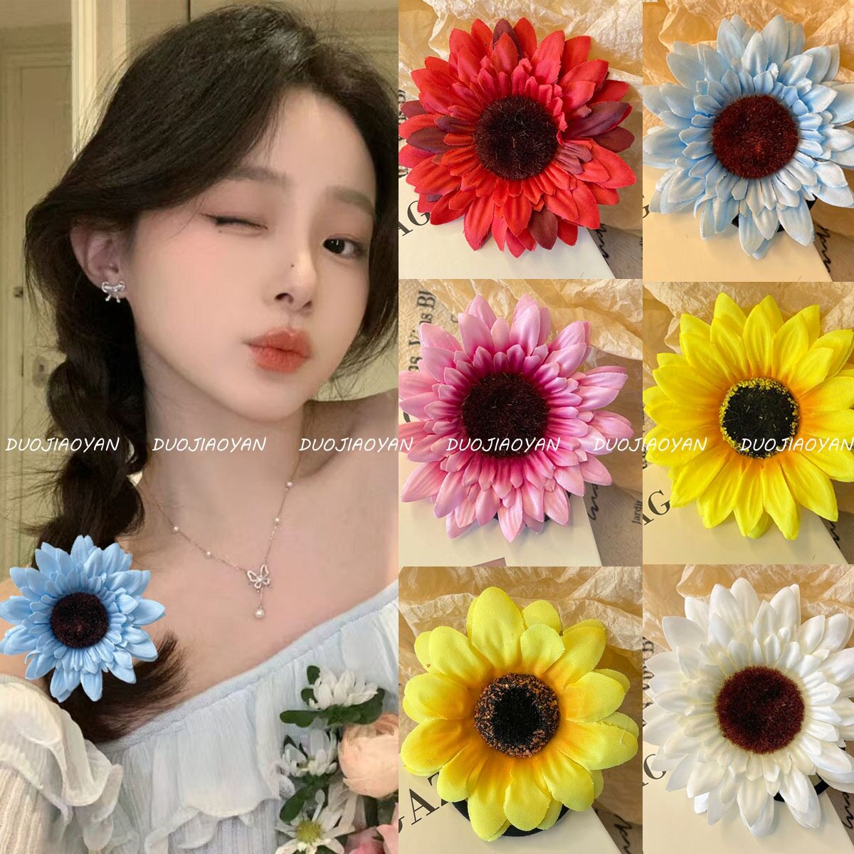 新款仿真绒布玫瑰花发圈头饰度假风头花复古红色大花朵皮筋发饰女