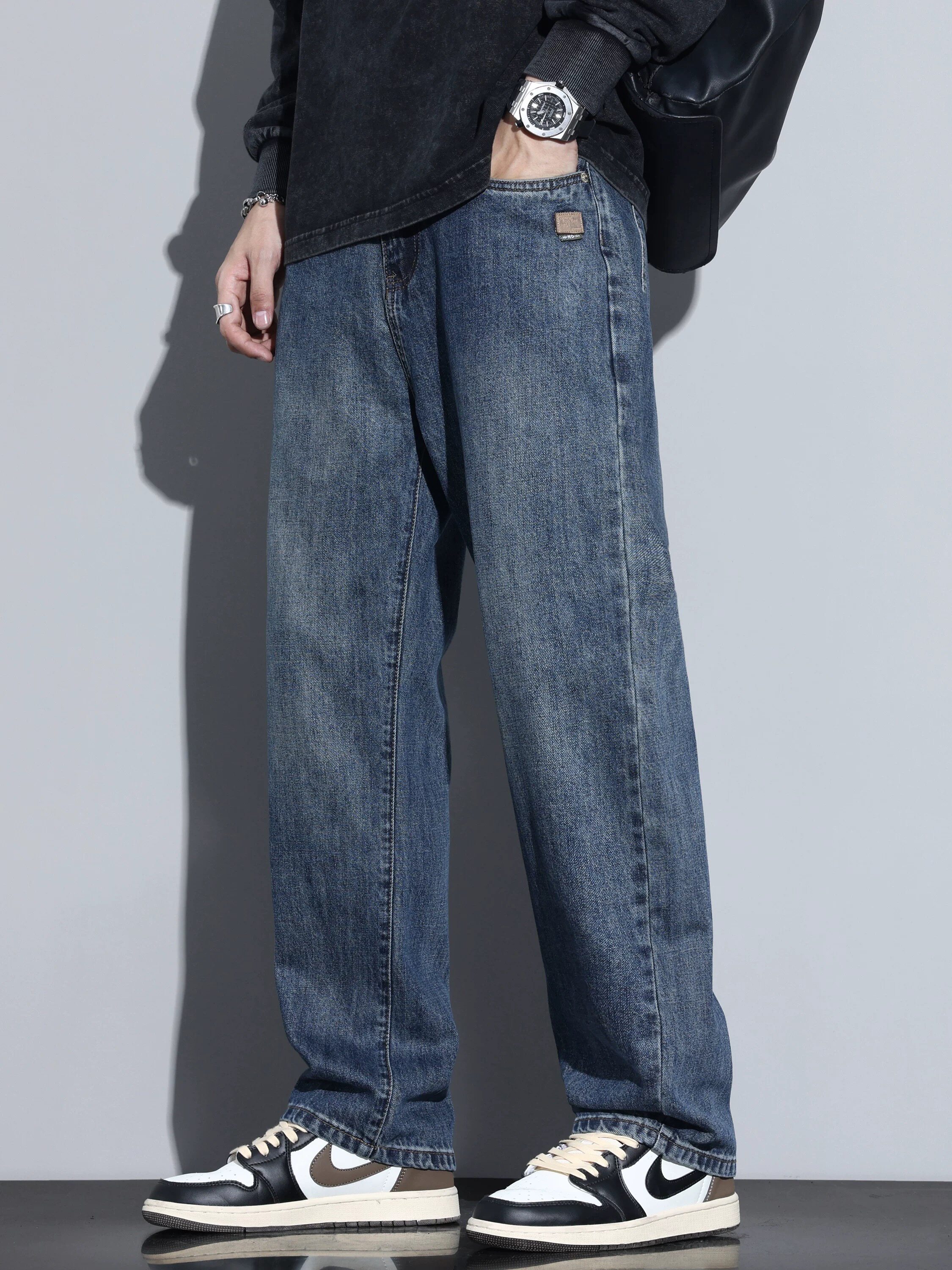 Kuvine春秋款宽松阔腿水洗牛仔裤男款美式高街复古直筒休闲长裤子