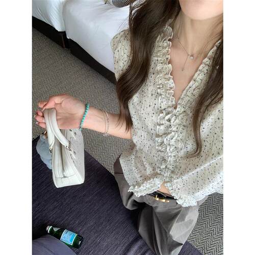 ASHENONLINE 苏黎世夏 印花水溶衬衫女V领显瘦短款泡泡袖休闲 上