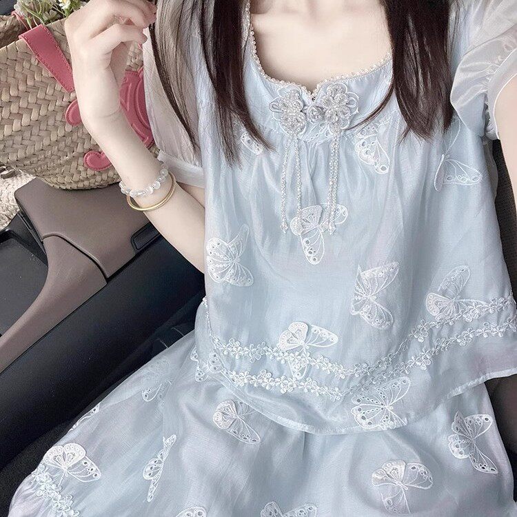 夏天绝美漂亮小套装小个子巨好看新中式国风方领衬衫半身裙两件套