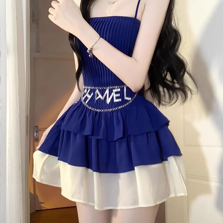 纯欲风克莱因蓝拼接吊带连衣裙子女夏季小个子气质收腰蛋糕蓬蓬裙