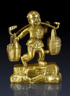 纯黄铜挑财童子摆件创意家居客厅办公室桌面招财童子工艺乔迁礼品