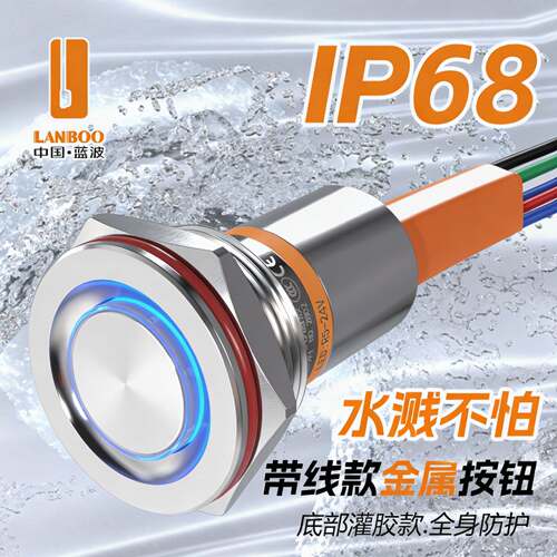 蓝波19F1大电流金属按钮开关底部灌胶带线款防水IP68自锁带灯19mm