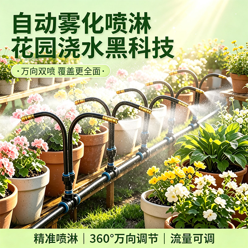 万向雾化喷淋系统自动灌溉双边出水喷头种植箱别墅阳台浇花系统
