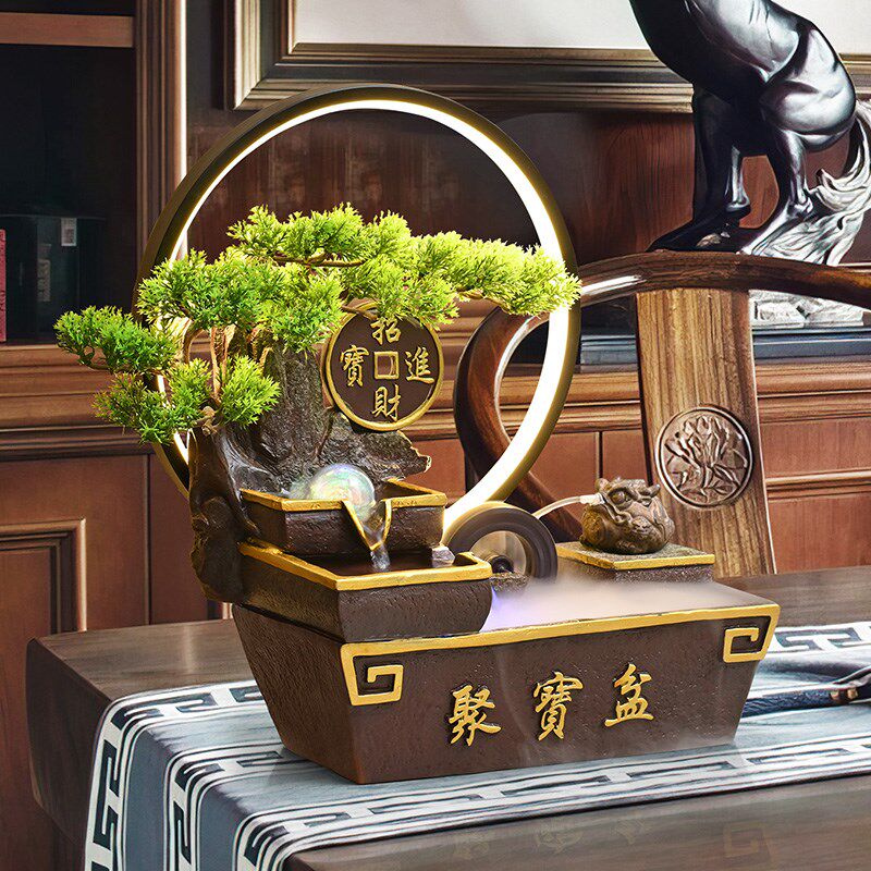 招财猫聚宝盆开业礼物招财流水摆件循环水店铺客厅桌面风水轮装饰
