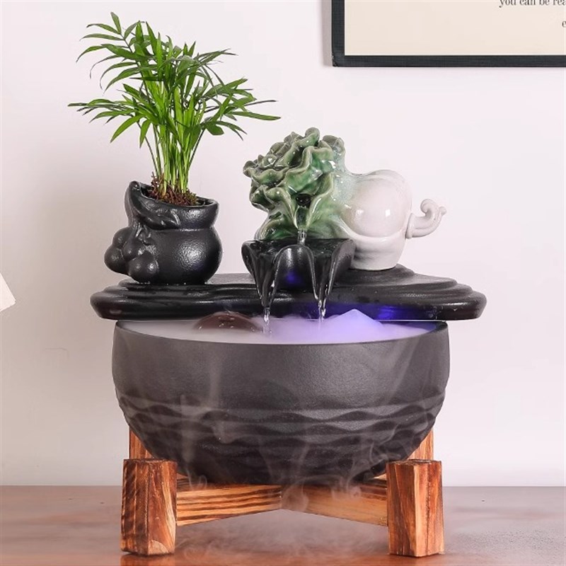 招财流水摆件循环水喷泉水车风水轮办公室陶瓷白菜工艺品边几装饰