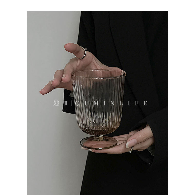 Qumin 复古韩式ins风浅褐色矮脚杯酸奶饮料杯牛奶早餐玻璃杯子
