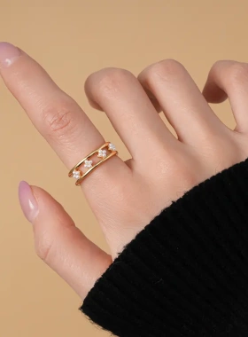 真金电镀珍珠花朵双层开口戒指女小众时尚食指戒轻奢高级感手饰女