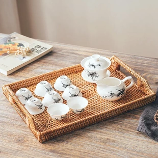 家用藤编托盘餐桌茶杯水杯收纳茶盘大号客厅长方形盘果盘