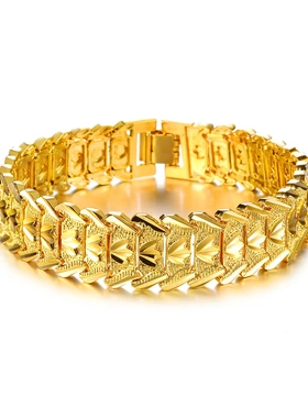 复古时尚欧币镀金饰品铜电镀24k金男宽版车花火花手链手表链