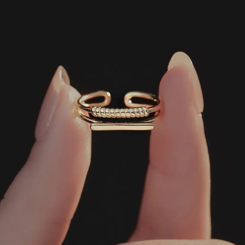 s925银双层螺纹素圈戒指女简约时尚叠戴ins开口食指环