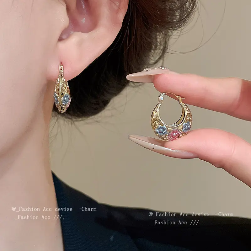 喷漆花朵u形篮子镂空耳扣宫廷风复古气质耳环小众简约中古耳饰女