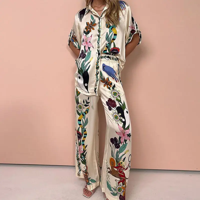 2025独立站欧美女装印花拼色松紧腰口袋阔腿休闲时尚套装女两件套