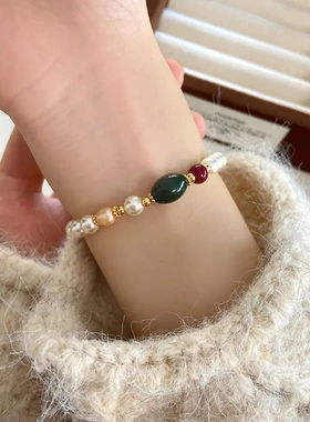 设计珠手链国潮风新中式裸粉天然珍珠小众轻奢弹力绳手链