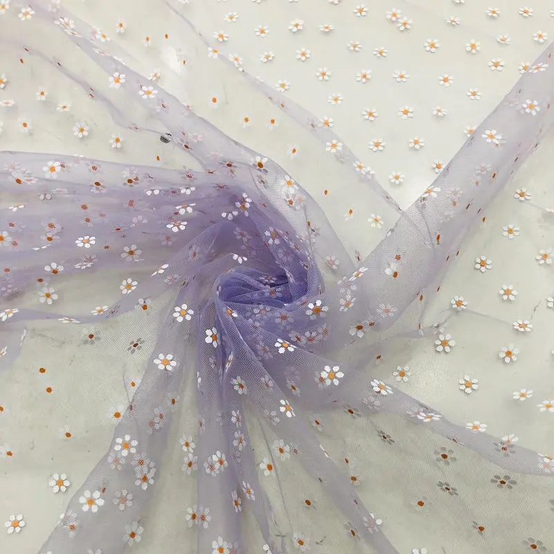 供应 胶印小雏菊网眼布网纱裙纱少儿舞台服装面料 新款