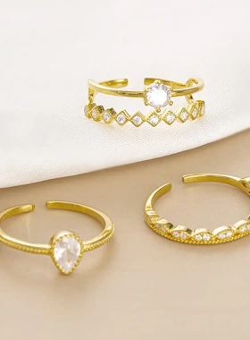 s925银轻奢锆石戒指女欧美复古高级感水滴开口指环指戒