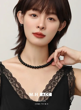 大珠子黑玛瑙项链钛钢不掉色女短款高级感串珠锁骨链文艺复古项饰
