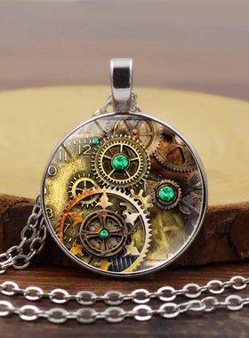 机械表齿轮图案时光宝石吊坠项链女百搭欧美复古毛衣链饰品