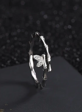 s925纯银韩版竹节叶子戒指ins冷淡风镶钻锆石开口指环女一件