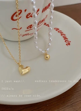 法式复古爱心圆珠珍珠项链两件套小众设计感锁骨链时尚气质项饰女