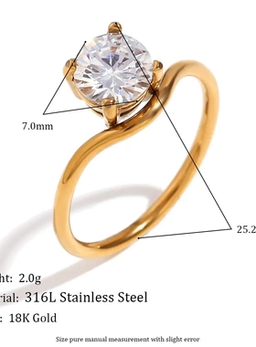 欧美ins时尚轻奢波形戒圈金色锆石戒指不锈钢镀18k简约百搭指环
