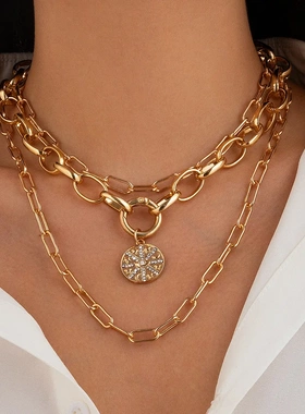 欧美嘻哈风镶钻吊牌五叶花项链 个性金属链条弹簧扣锁骨项饰