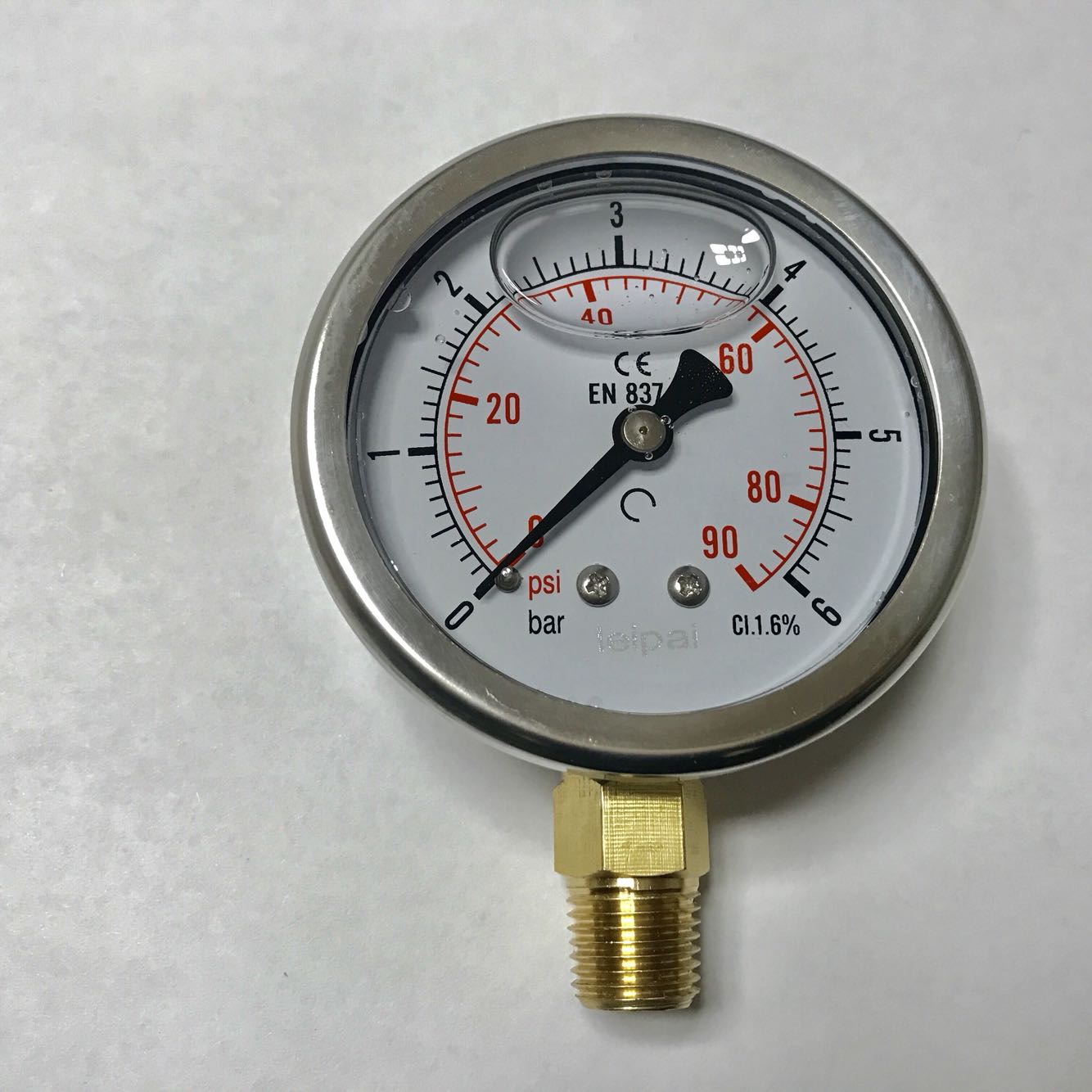 En 837-1 耐震充油压力表 0-90psi 6bar 直径62mm cl.1.6% ZG1/4