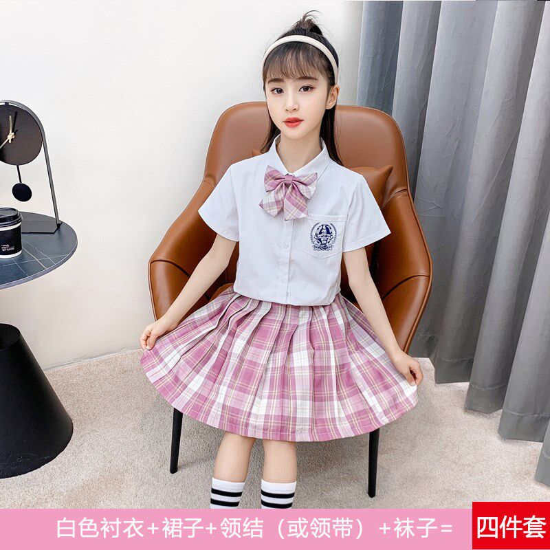 2024夏季新款女童套装夏装中大童学院风短袖衬衫格子短裙JK两件套