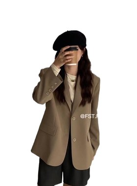 FST 黑色西装外套女秋季新款复古宽松高级感格纹休闲卡绿西服上衣