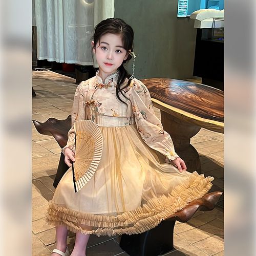 女童汉服2024春季新款儿童裙子新中式长袖网纱连衣裙宝宝国风长裙