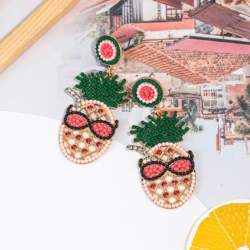 创意菠萝合金耳饰  欧美设计感米珠镶钻高级earings夏季海边