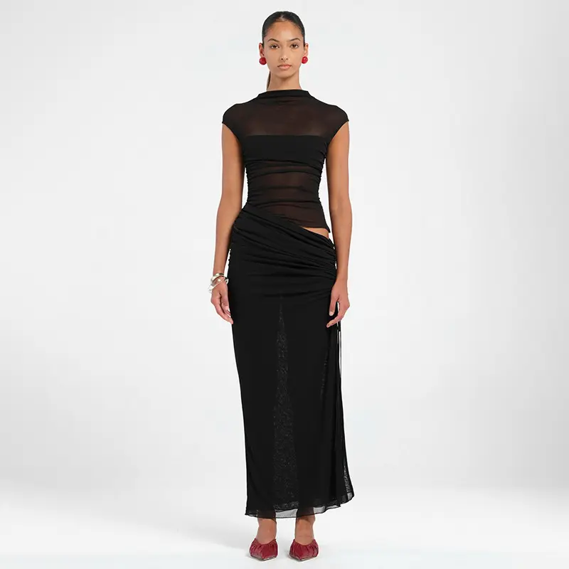 y25ds033欧美女装春款纯色微透不规则露腰修身开叉超长连衣裙