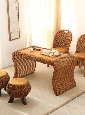 #创意合阳台VLZ茶客桌椅组实藤编长方形榻木榻米茶几厅休闲小桌子