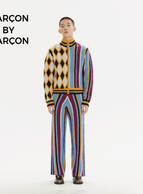 GARCON BY GARCON 秋冬做旧条纹复古嵌花小高领拉链针织毛衣外套