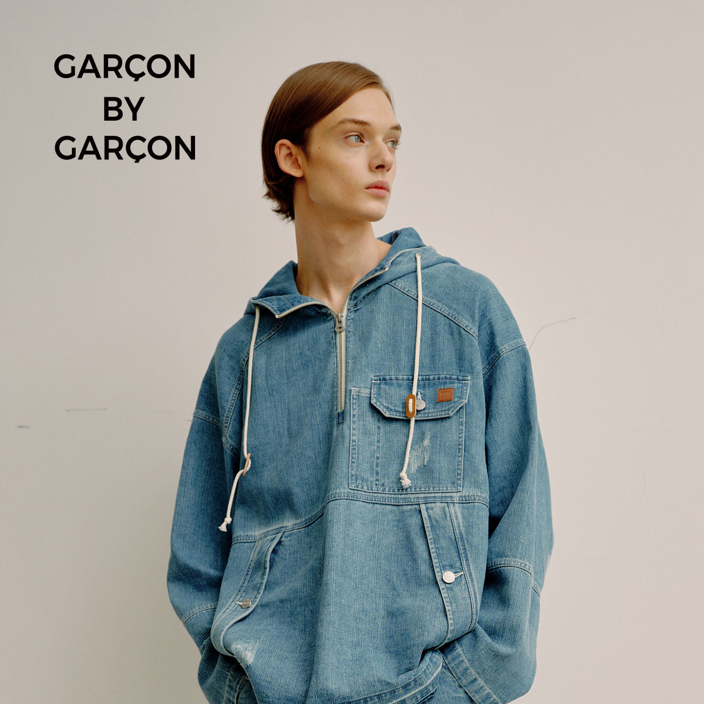 GARCON BY GARCON 轻薄水洗做旧汉麻牛仔多口袋装饰连帽拉链卫衣
