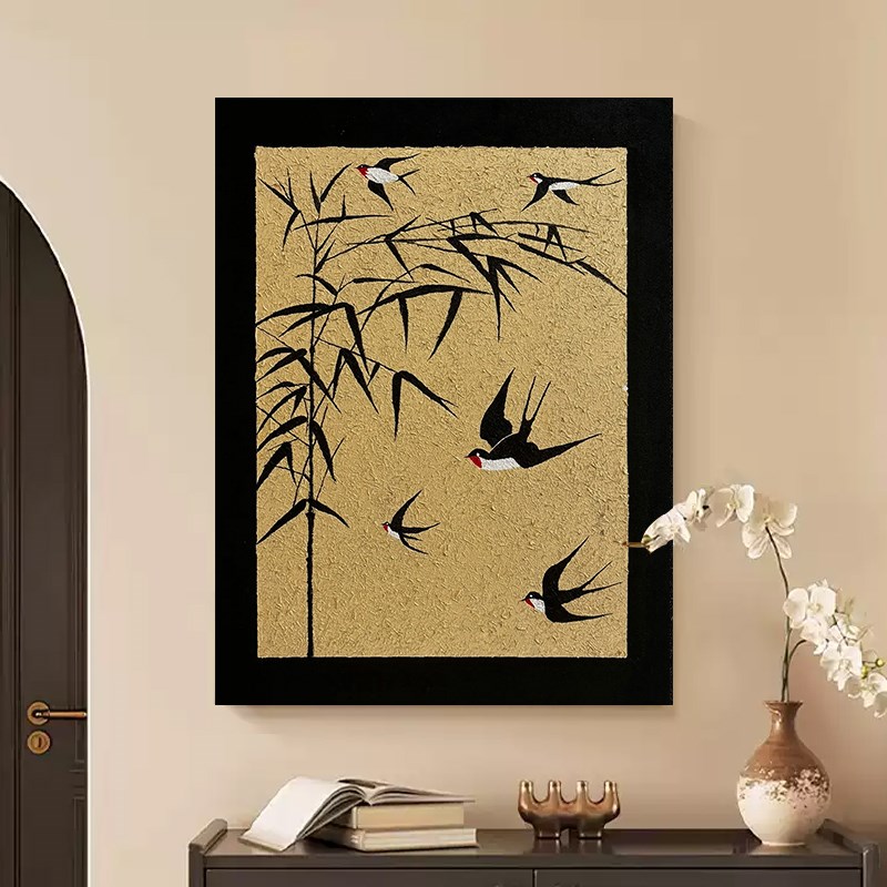 中古风燕子石英砂丙烯肌理画diy全套材料立体手工数字油画装饰画图片