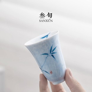 叁旬手绘青花竹影闻香杯茶杯陶瓷主人杯功夫茶具女喝茶单杯品茗杯