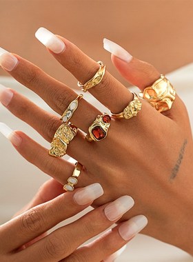 7件套镶钻不规则戒指套装 欧美秋时尚个性小众设计感网红指环组合