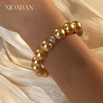 正圆强光南洋金珠珍珠手链浓茶金澳母贝珠手串镶锆轻奢高级感手饰