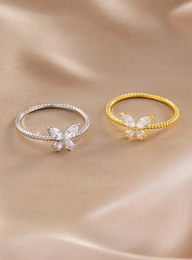 s925纯银镀14k金锆石戒指女小众简约纤细气质日系简约指环ins