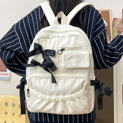 日系in书包初中高中女生大学生丝带结灯芯绒背包书包