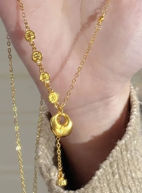 真金电镀福字包包莲蓬项链新中式时尚吊坠锁骨链通勤小众项饰