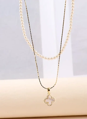 设计感双层叠戴四毛衣链珍珠项链女潮网红ins个性颈脖锁骨链